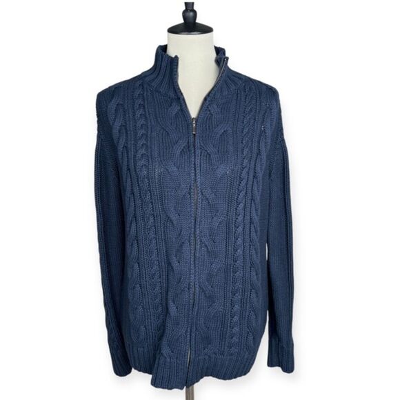 L.L. Bean Full Zip Cable Knit Sweater Chunky Cardigan Jacket 100% Cotton Sz XL - Picture 1 of 12